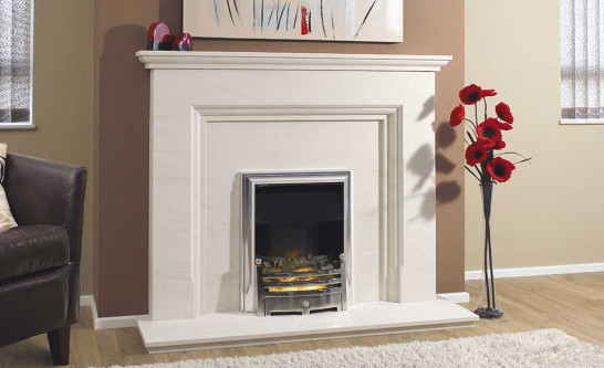 Traditional white fireplace surround with chrome electric fire inset