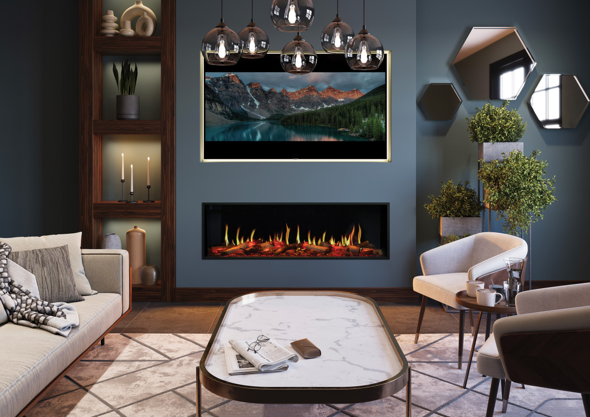 Gazco Fusion media wall with electric fire in a sophisticated dark living room