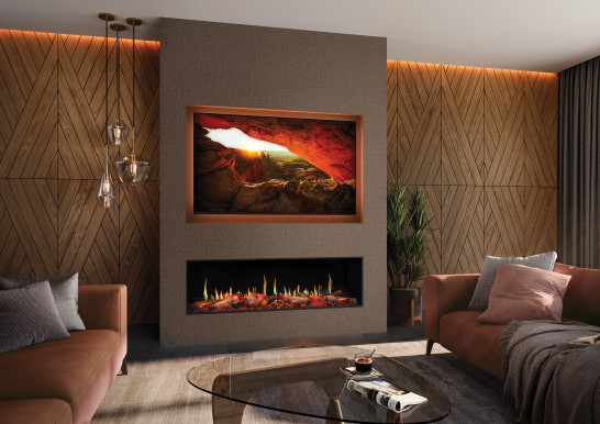 Gazco Fusion media wall with electric fire and built-in TV in a luxury living room
